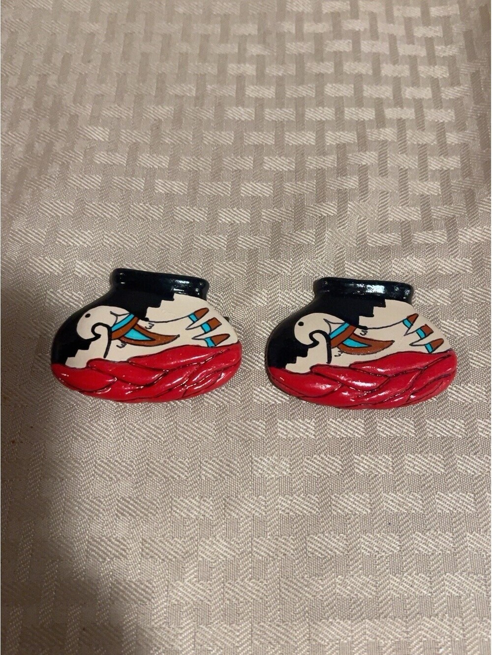 Vintage Handmade Southwestern Pottery Vase Magnets Pair Hand Painted Folk Art